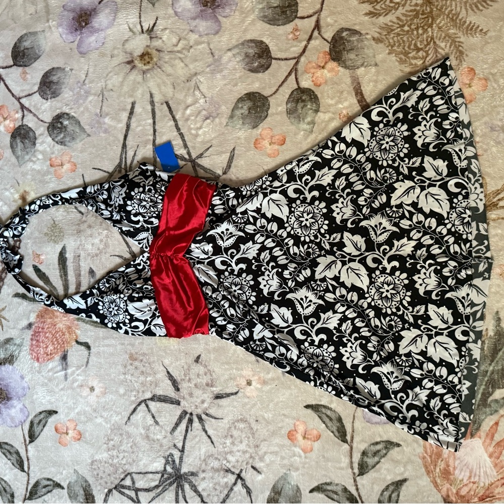 Y2K Taboo Black and White Floral Halter Dress with Red Accent